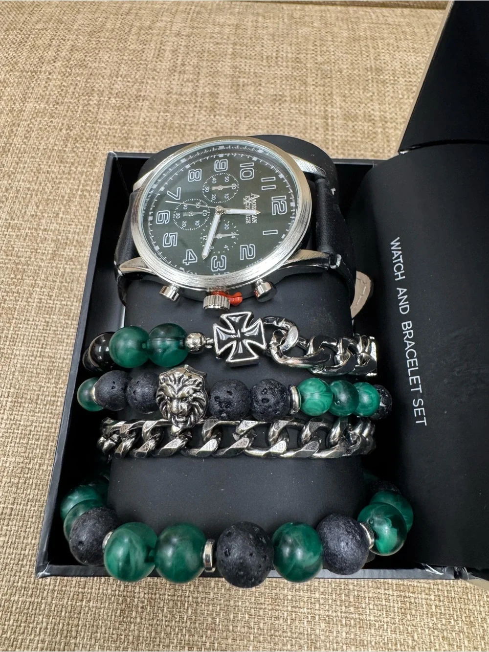American Exchange Men’s Quartz Chronograph Green Dial Black Leather Strap Box